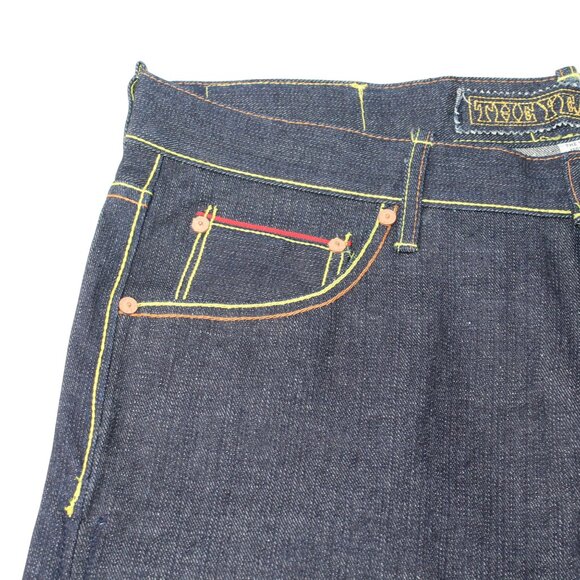 The Year Of Jeans Mens Sz 34 Raw Denim Japan Selvedge Button Fly Embroidered - Picture 15 of 16